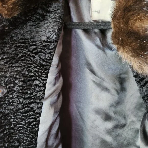 Cole B Black Faux Persian Lamb Teddy Jacket Fur Collar Lined Pockets NWOT Size M - Picture 4 of 7